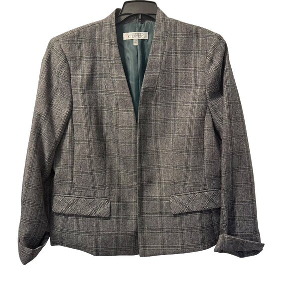 Kasper Womens Plaid Blazer Jacket 14P Polyester Gray Long Sleeve Open Front jack - Picture 2 of 11